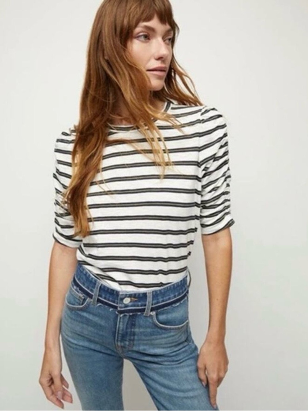 Veronica Beard Waldorf Tee Stripes with Ruched Short Sleeves